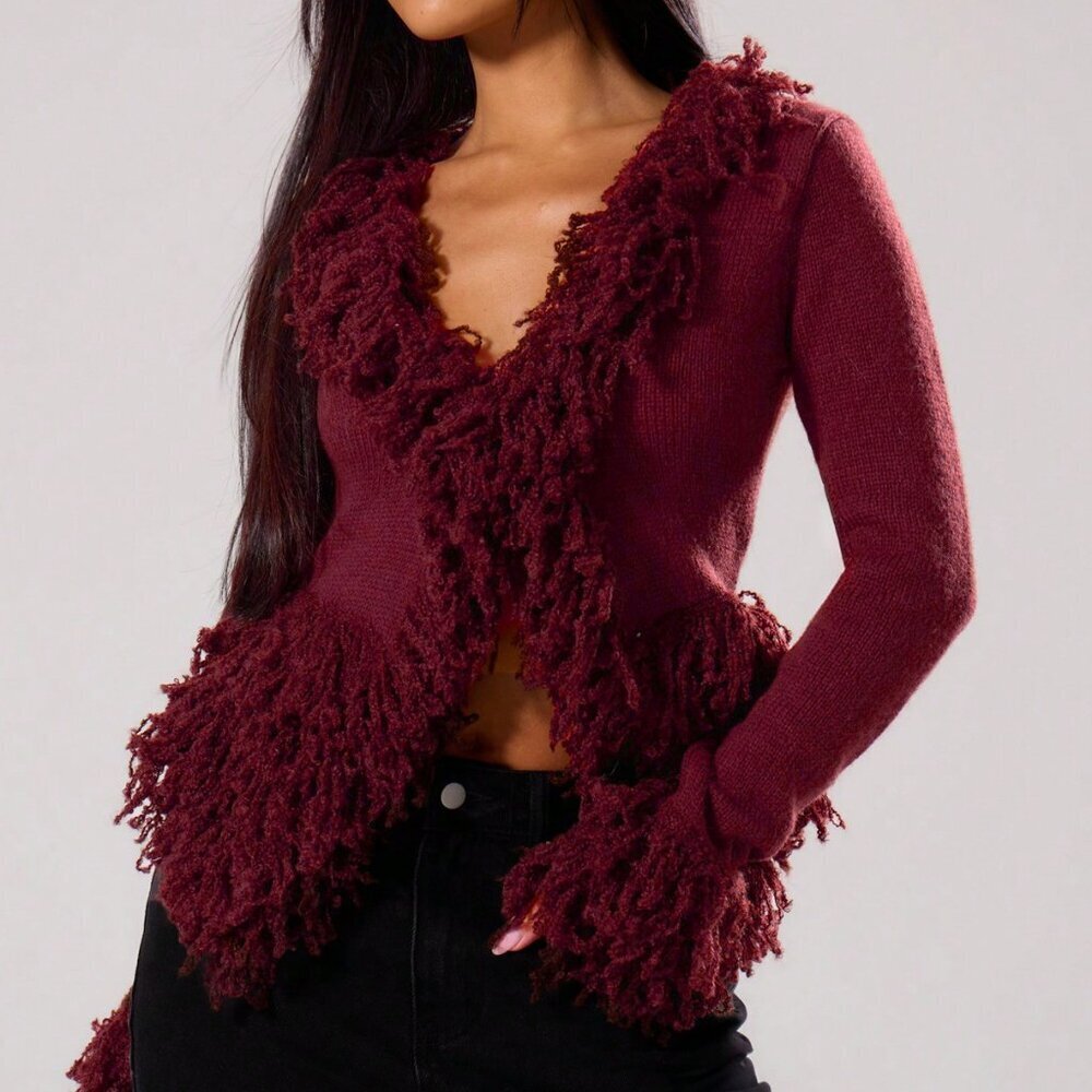 Burgundy Casual Women's Shaggy Fringe Detailed Knit Cardigan